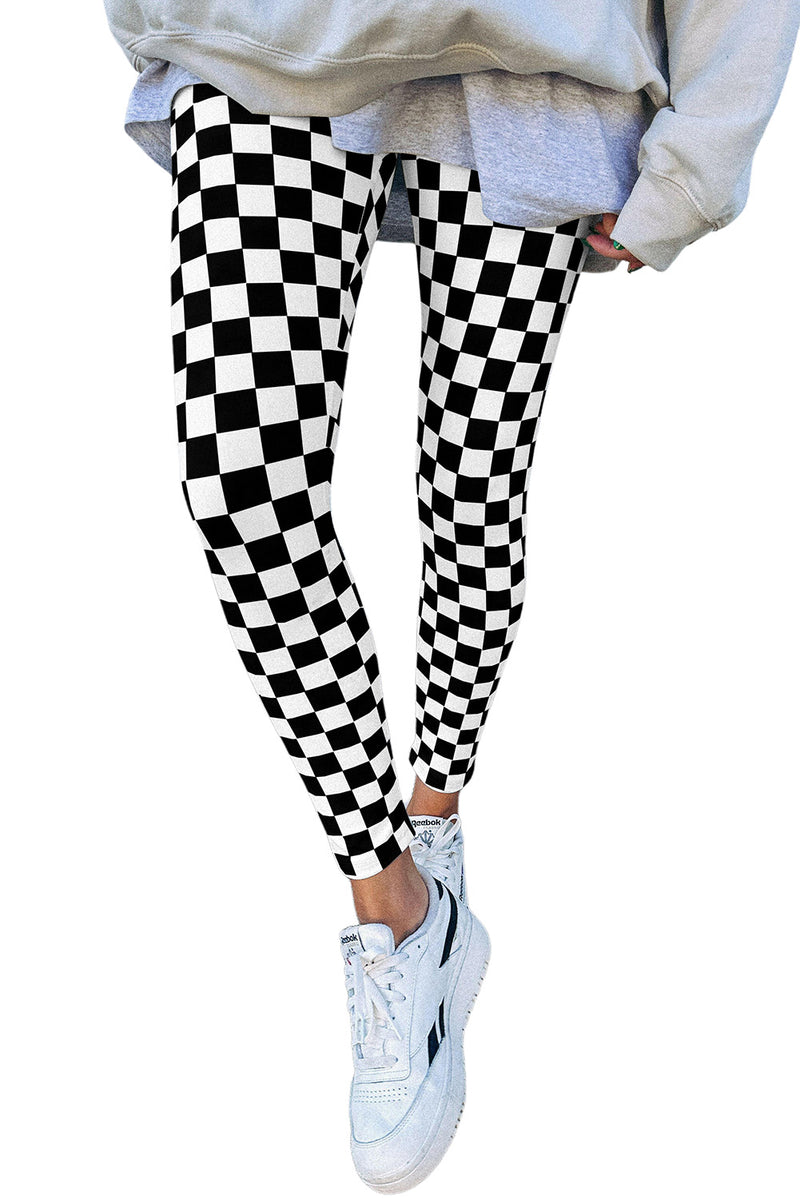 Black Checkered Pattern High Waist Skinny Leggings