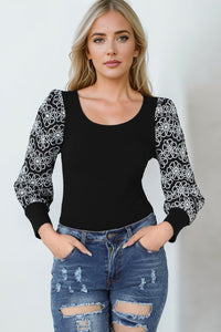 Black Flower Puff Sleeve Ribbed Knit Top