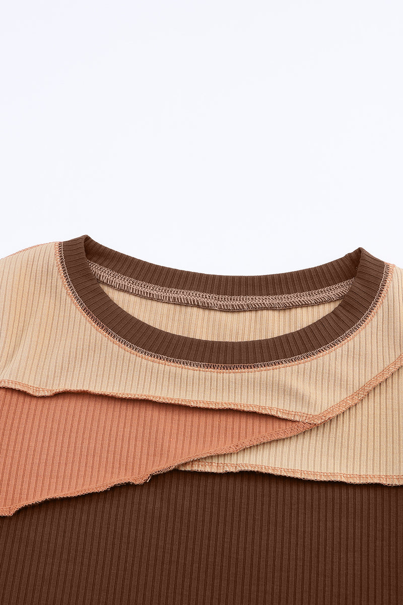 Brown Expose Seam Color Block Ribbed Knit Top