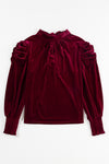 Fiery Red Mock Neck Puff Sleeve Velvet Blouse