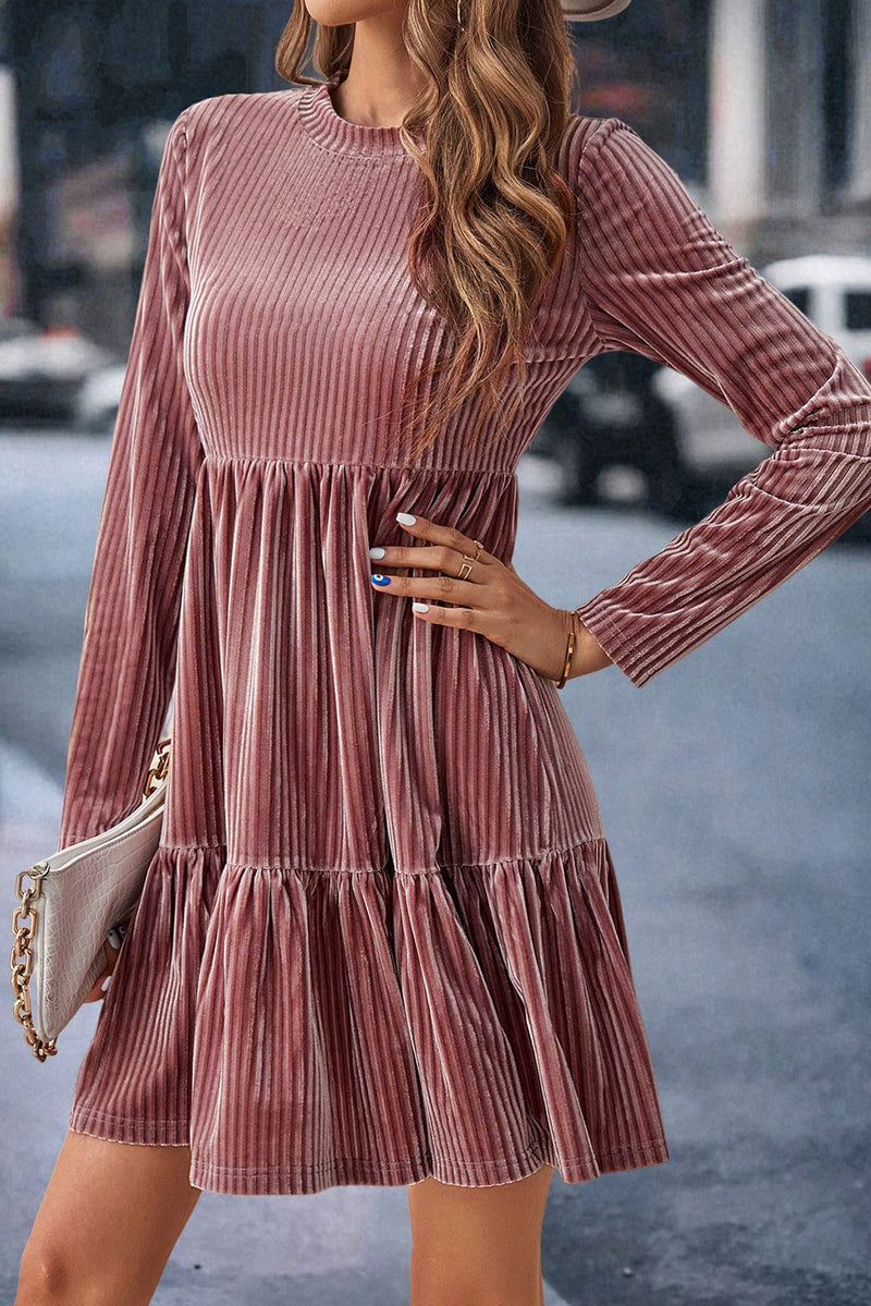 Pale Chestnut Long Sleeve Tiered Textured Velvet Dress