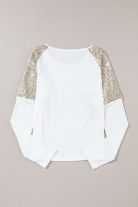 White Sequin Patch Chest Pocket Raglan Sleeve Top