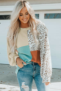 Leopard Patchwork Color Block Ribbed Long Sleeve Top