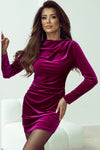 Pitaya Pink Velvet Mock Neck Ruched Long Sleeve Bodycon Dress