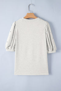 Light Grey Rhinestone Pearl Puff Half Sleeve Top