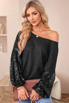 Black Sequin Patchwork Sleeve Open Back Waffle Knit Top