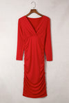 Fiery Red Long Sleeves Wrap V Neck Ruched Sheath Bodycon Dress