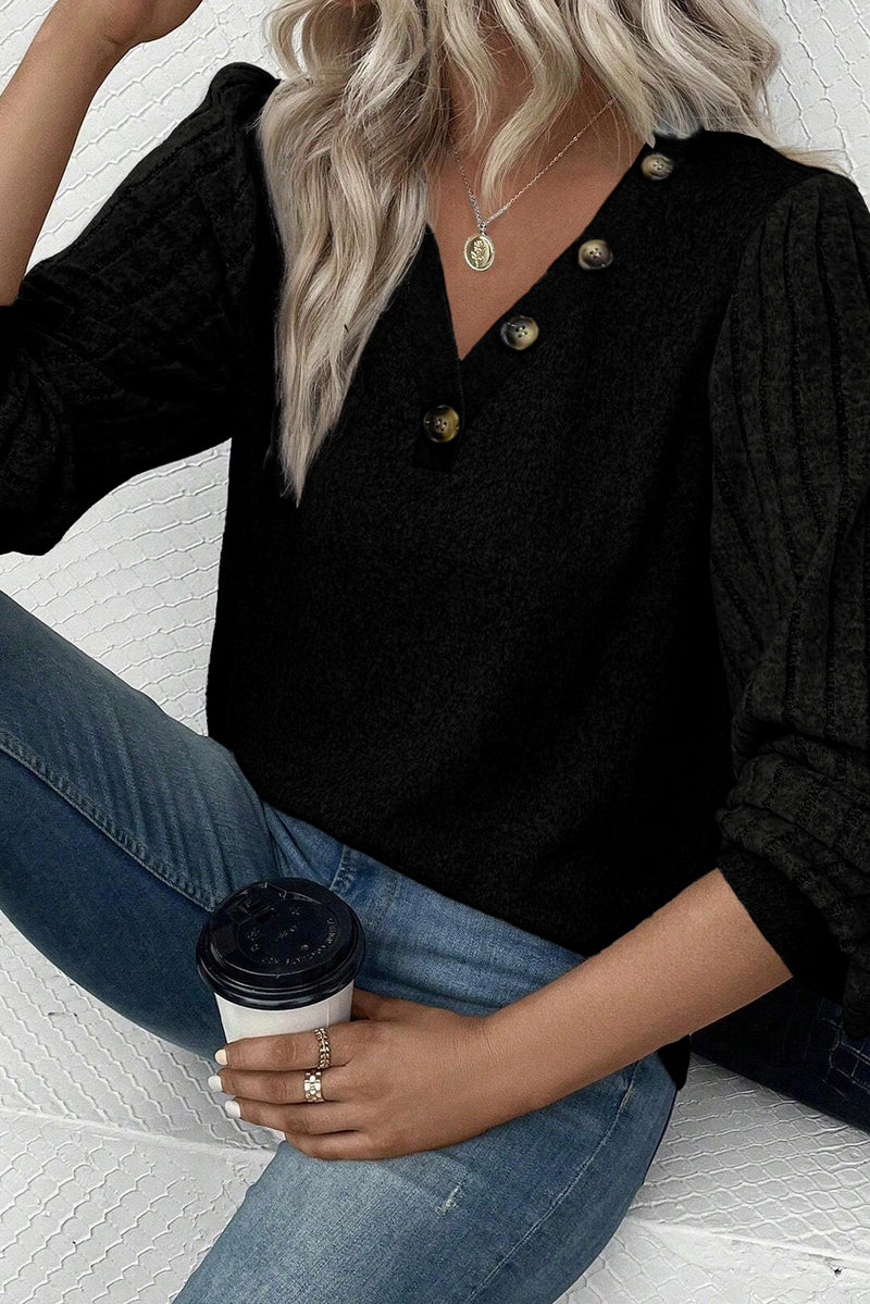 Black Buttoned V Neck Ribbed Puff Sleeve Top