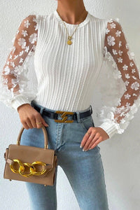 White Floral Applique Mesh Sleeves Textured Knit Blouse